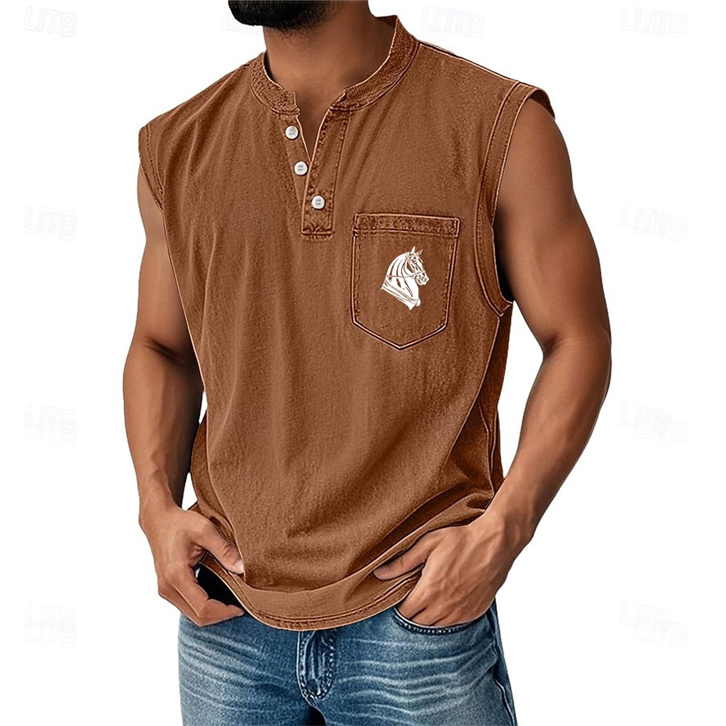 Voor heren Overhemd van 100% katoen met zure wassing Mouwloos shirt Mouwloos Henley Zomer Paard Casual Kledingstuk geverfd Bleek Vintage wassing Casual Dagelijks Streetwear Paars Top T-shirt voor 2026 - $35.99 –P3