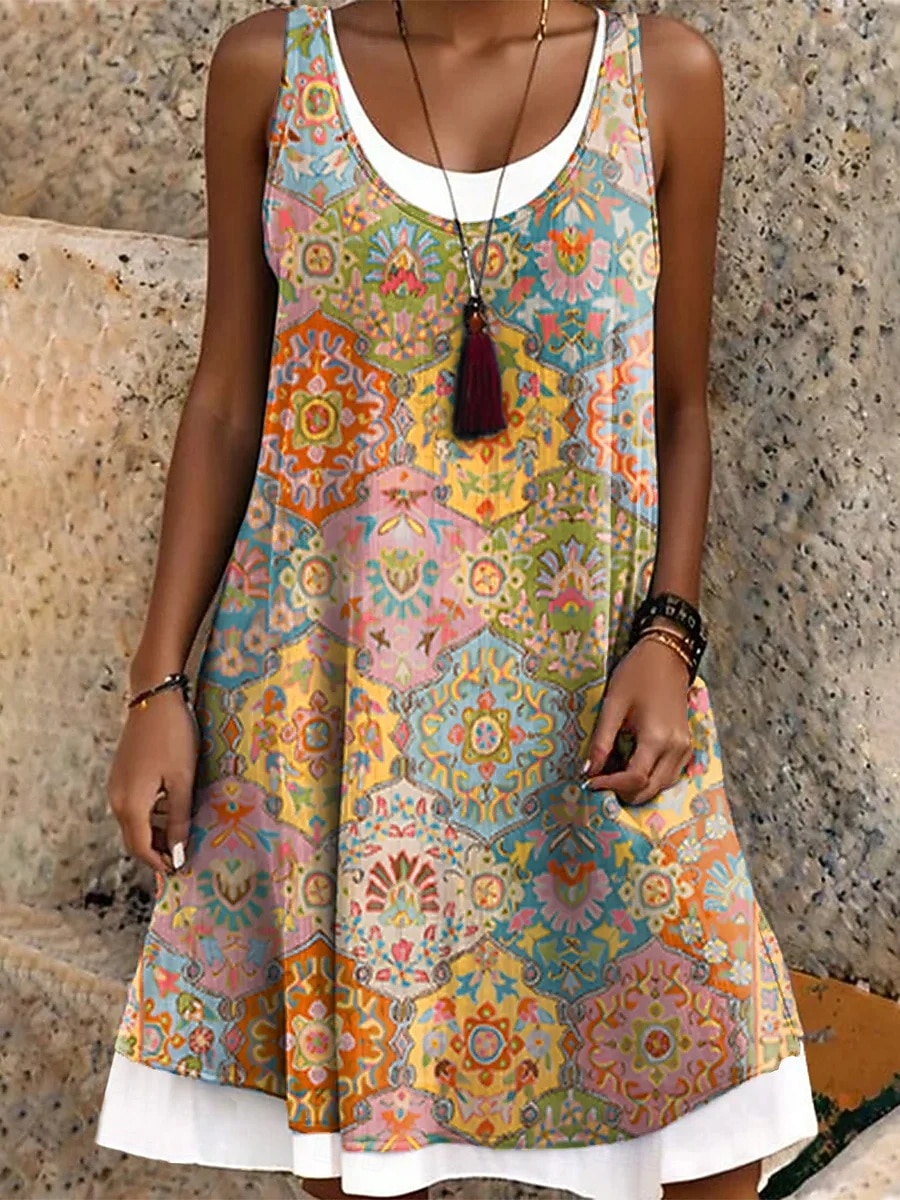 Women's Knee Length Dress Sundress T Shirt Dress Tee Dress A Line Dress Vacation Casual Boho Loose Fit Graphic Geometric Sleeveless U Neck Yellow Wine Purple Summer Spring 2026 - $28.99 –P1