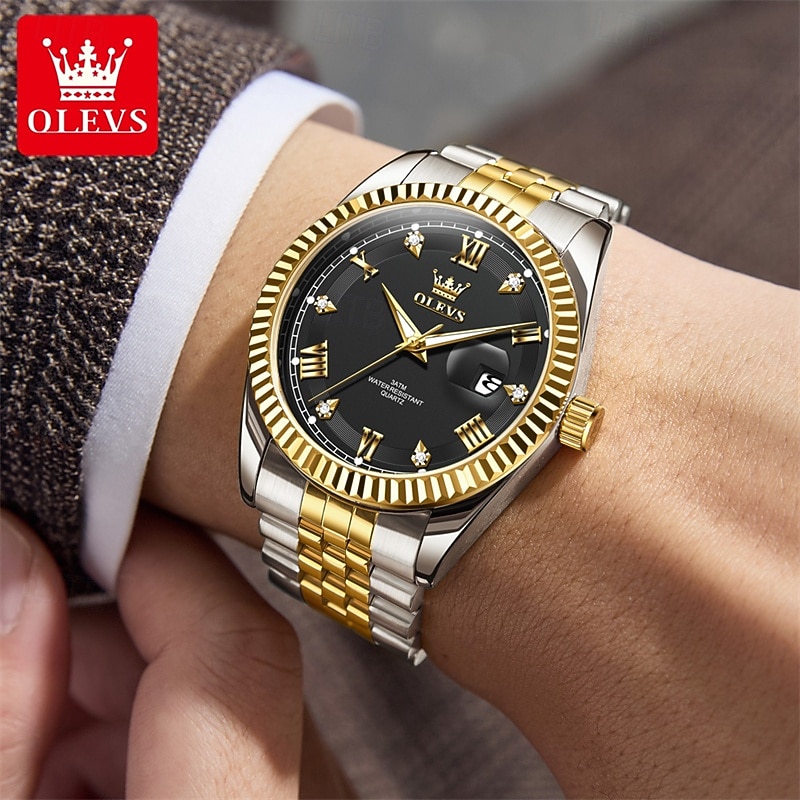 OLEVS Mens Luxury Watch Classic Green Face Two Tone Silver Gold Stainless Steel Waterproof Quartz Wristwatch with Date Luminous Hands Business Dress Fashion Watches for Men Gifts 2026 - $38.99 –P15