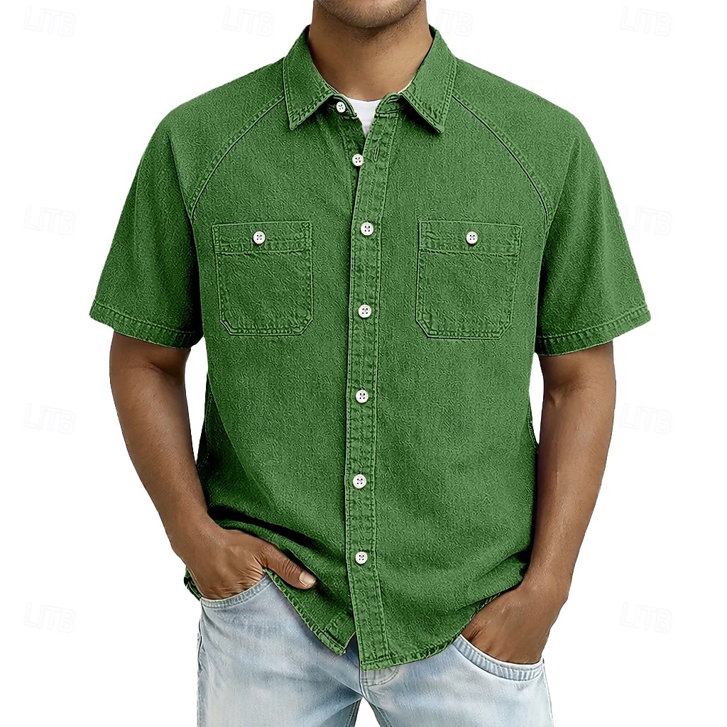 SoftFade™ Herrskjorta 100% Bomull Casual Skjorta Acid Wash Skjorta Svart Ljusgrön Lila khaki Militärgrön Kortsleeve Enfärgad Skjorta Krage Casual Daglig Framlapp Fritidskläder Bomull 2026 - $31.99 –P9