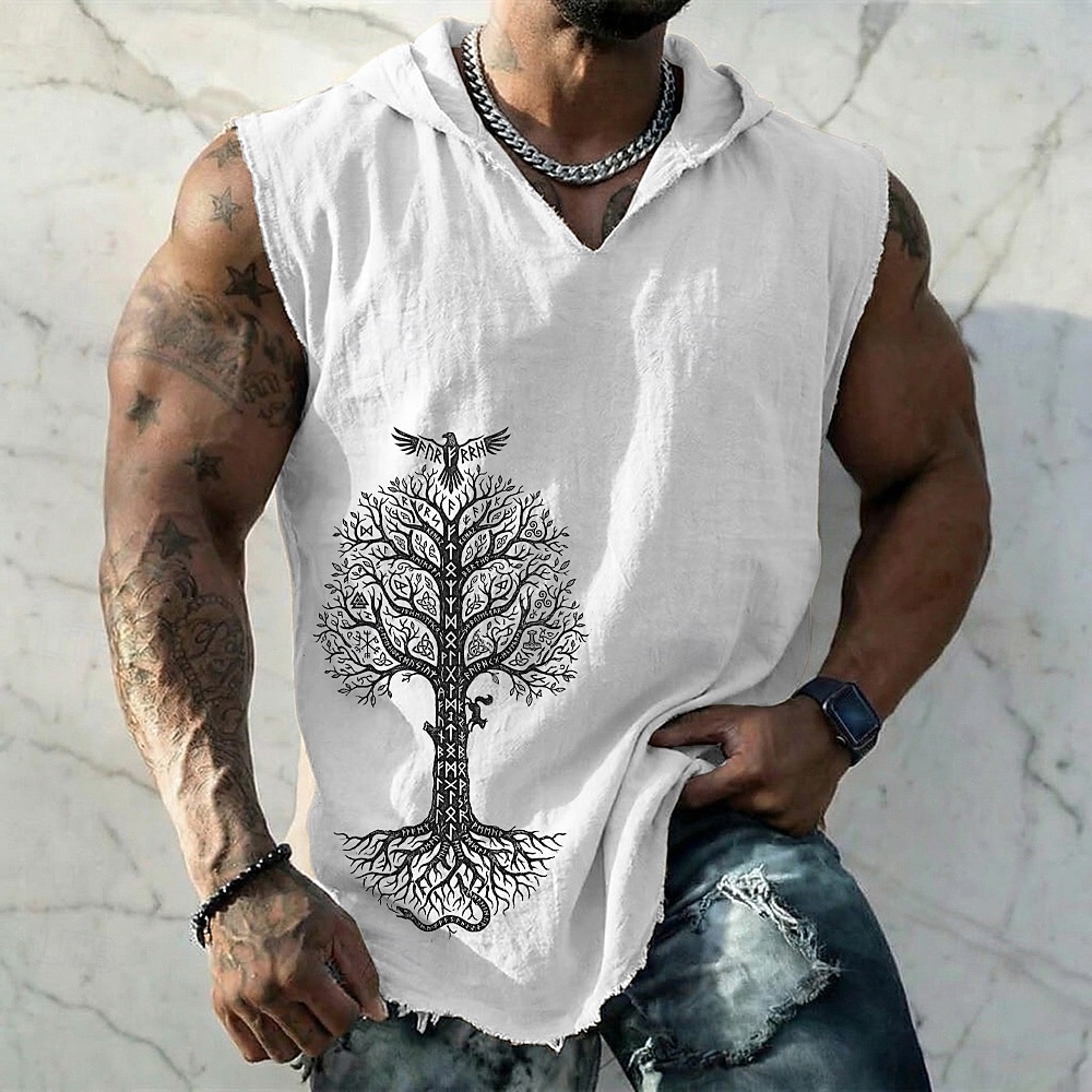 Miesten viikinkikuvio, yggdrasil, pohjoismainen elämänpuu, korppi, riimut, pakanallinen, boheemi, vintage, hihaton hupullinen liivi, graafinen, rispaantunut, raakahelma, puuvillaa, pellavaa, löysä 2026 - $19.99 –P2