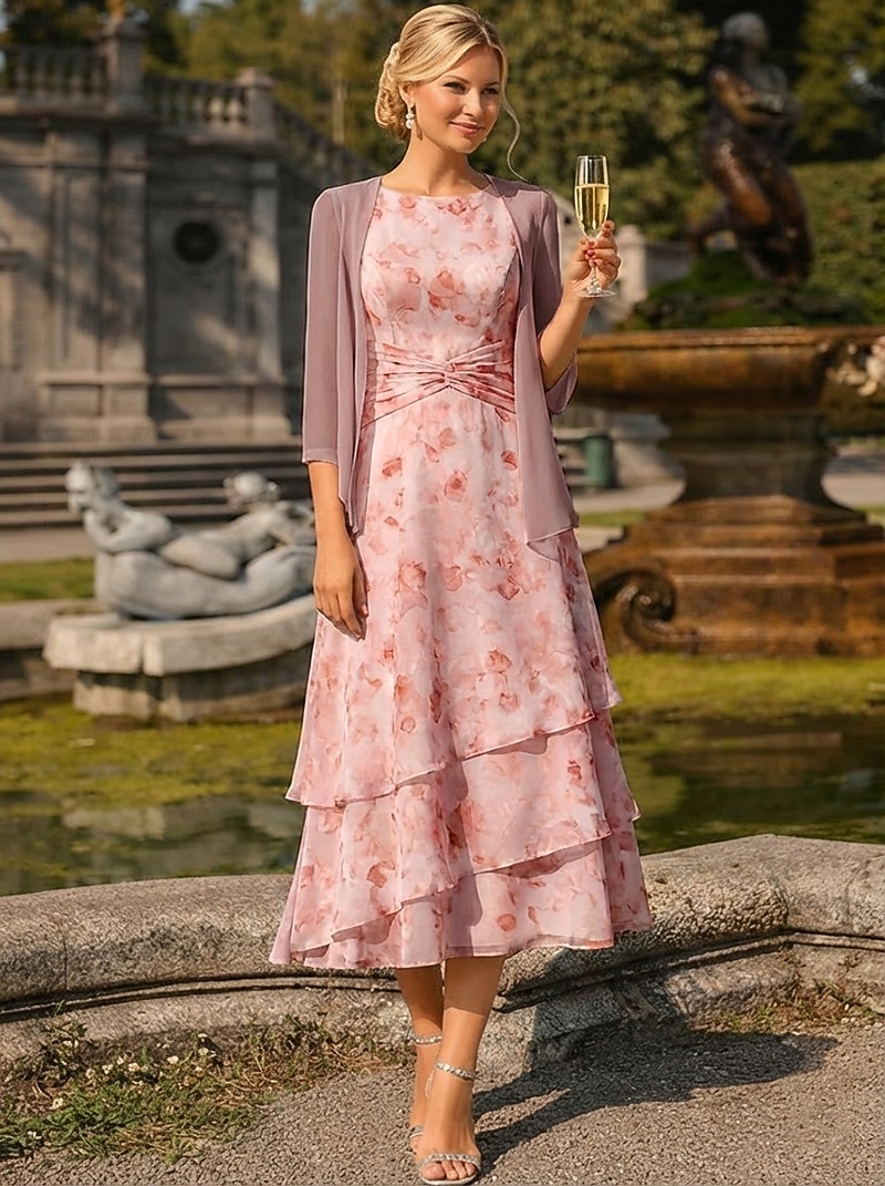 Duas Peças Linha A Longuette Vestido de convidada de casamento Vestido Para Mãe dos Noivos Sem Manga Manga 3/4 Gola Redonda Elegante Simples Minimalista Formal Semi formal Chiffon Jacquard com de 2026 por $174.99 –P1