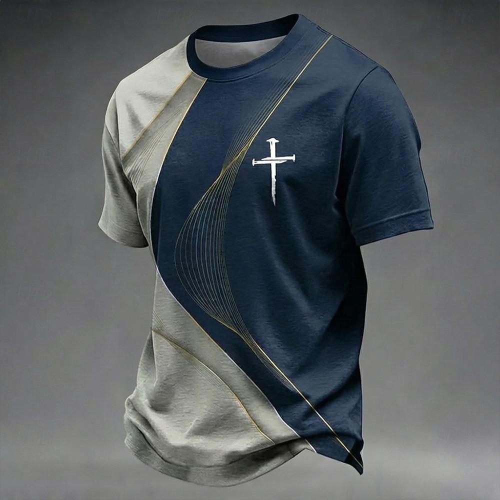 Camiseta cristiana para hombre con estampado de cruz, bloques de color blanco y gris, cuello redondo, manga corta, regalo espiritual cristiano para él, ropa de diseñador. 2026 - $18.99 –P2