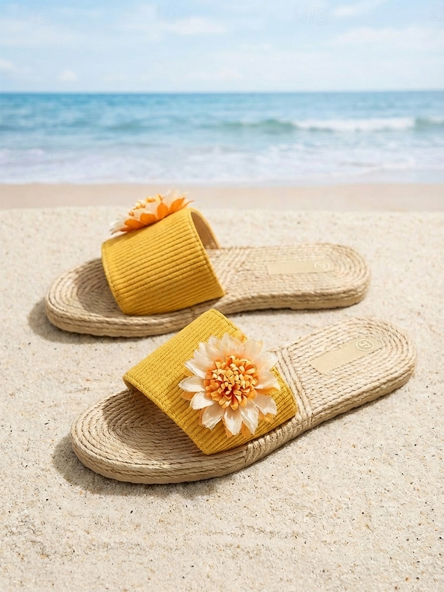 Sandale galbene pentru femei cu imprimeu floral și frânghie împletită - sandale de plajă plate și confortabile, cu detalii de floarea soarelui, pentru vacanțe de vară, escapade pe insulă &ținute 2026 - $24.99 –P2