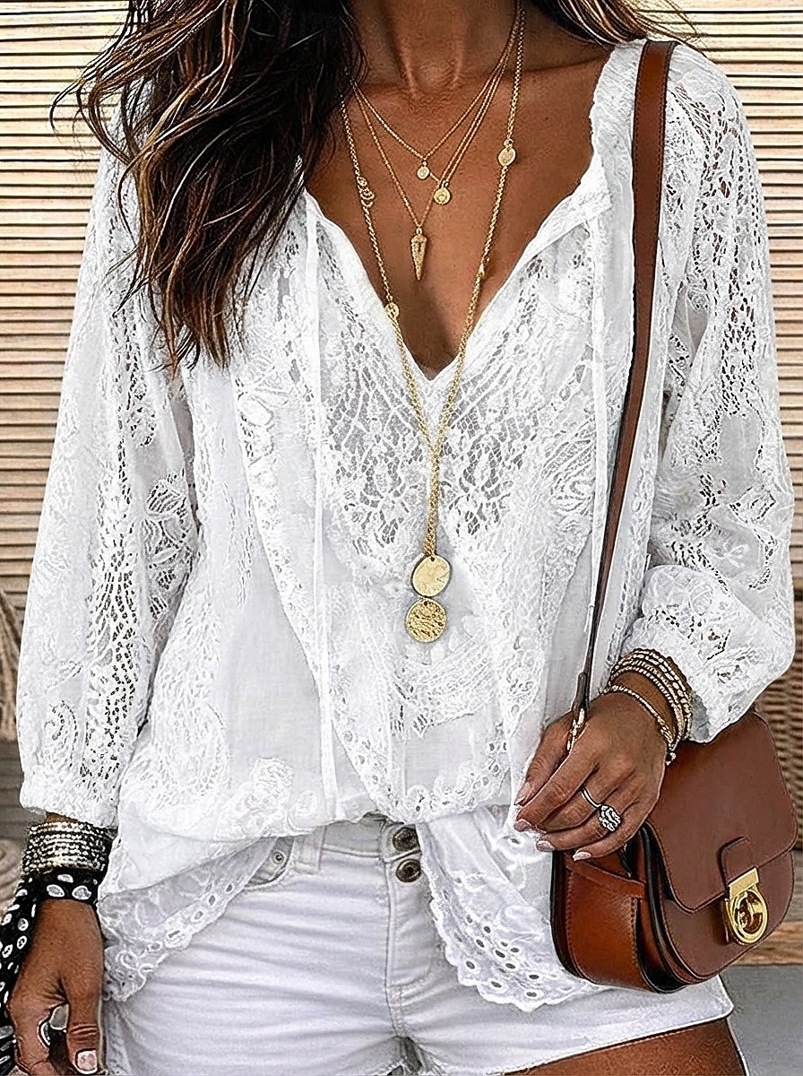 Női Ing Boho ing Blúz Csipke felsők Csipke Tömör szín Virágos Alap Alkalmi Hosszú ujj V-alakú Normál felsők Hétköznapi Napi Fehér Arcpír rózsaszín Khakizöld Nyár Tavasz 2026 - $26.99 –P1