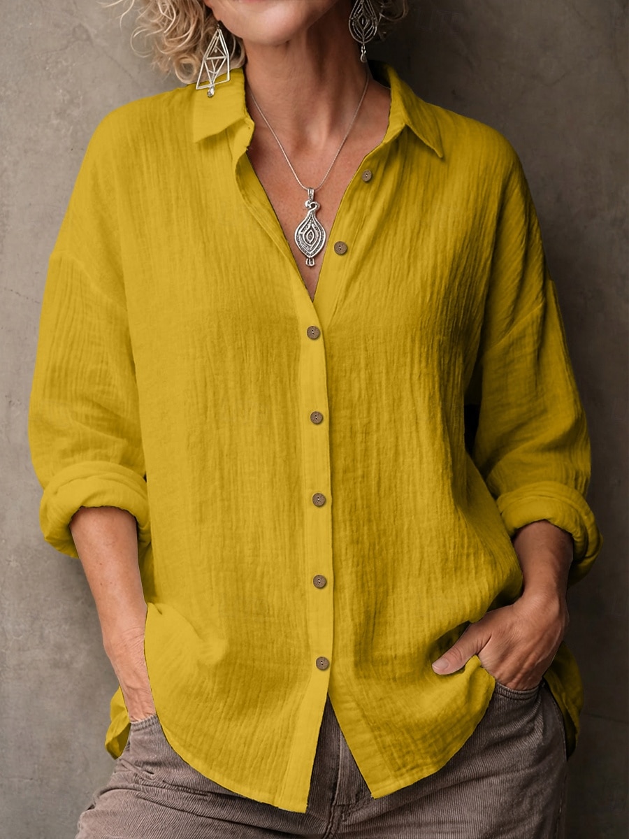 2026年 女性用 シャツ ブラウス フェイクリネンシャツ 純色 ベーシック カジュアル 長袖 ラペル レギュラートップス カジュアル 日常 ブルー ブラック ホワイト イエロー ピンク 夏 春  コレクション – ₪71 –P8