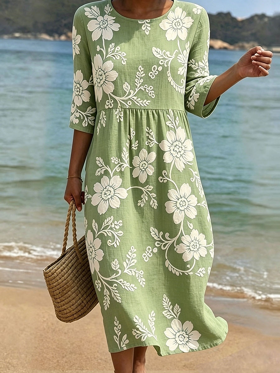 Women's Midi Dress Sundress Summer Dress Vacation Casual Boho Holiday Regular Fit Floral Graphic 3/4 Length Sleeve Crew Neck Blue Pink Purple Green Summer Spring 2026 - $34.99 –P6