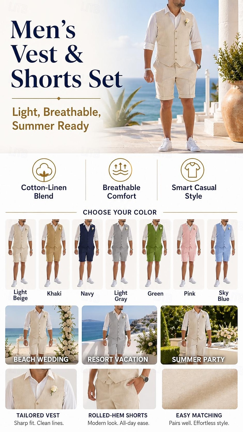 Herren Smokings Leinenanzüge Strandhochzeit Strand erbsengrün Rosa Sommer Anzug V Ausschnitt Einfarbig Figurbetonter Schnitt 2-teilig 2026 - $59.99 –P1