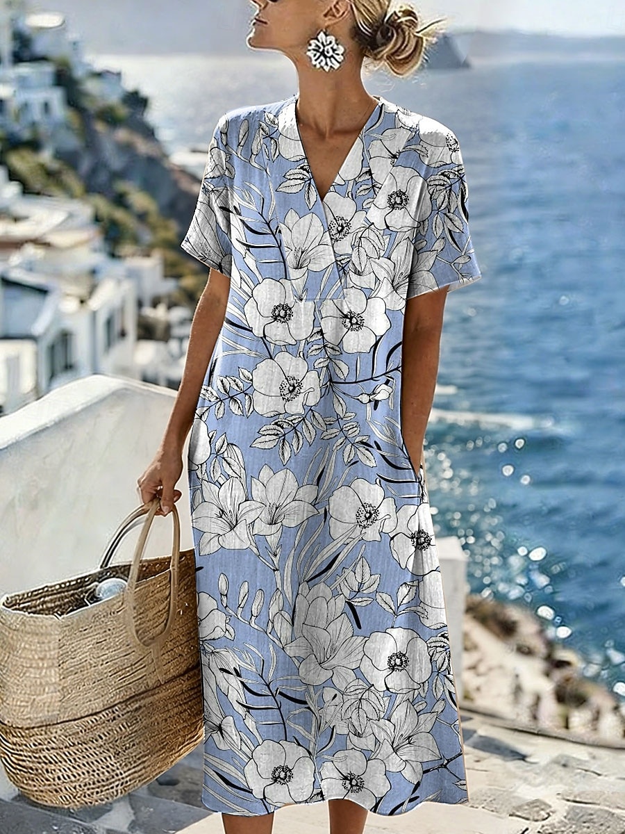 Per donna Abito Midi Abito a Tubino Vestito Estivo Vacanza Casual Spiaggia Vestibilità regolare Floreale Grafico Manica Corta Scollo a V Blu Bianco Rosa Viola Estate Primavera del 2026 a $39.99 –P4