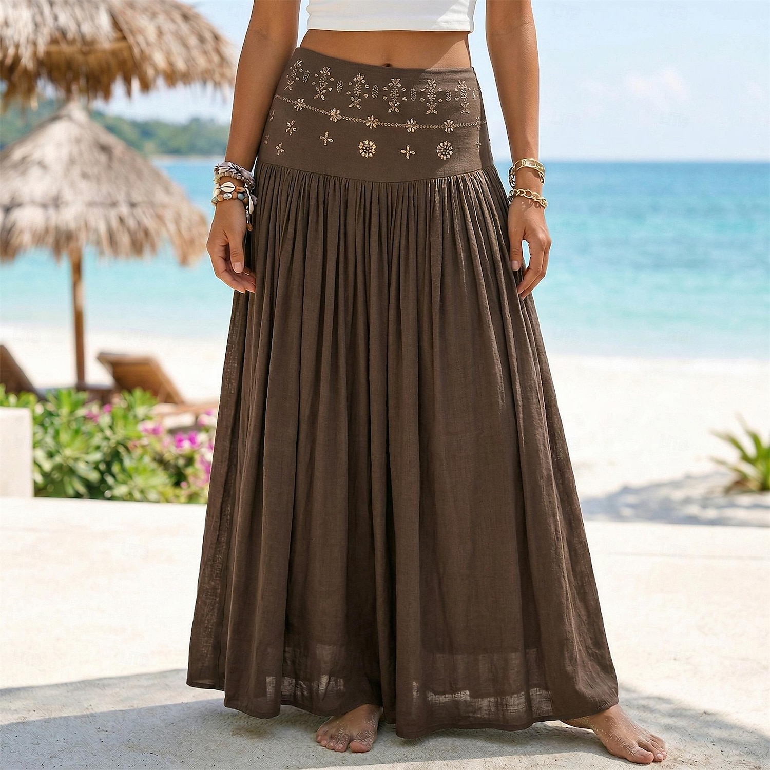 Per donna Gonna da vacanza Bohemien Vintage Moda Etnico Maxi Vita Alta Gonne Semplice Arricciato Patchwork Foratura a caldo Micro-elastico Spiaggia Vacanza Blu Verde mela Marrone rossastro Giallo del 2026 a $31.99 –P10