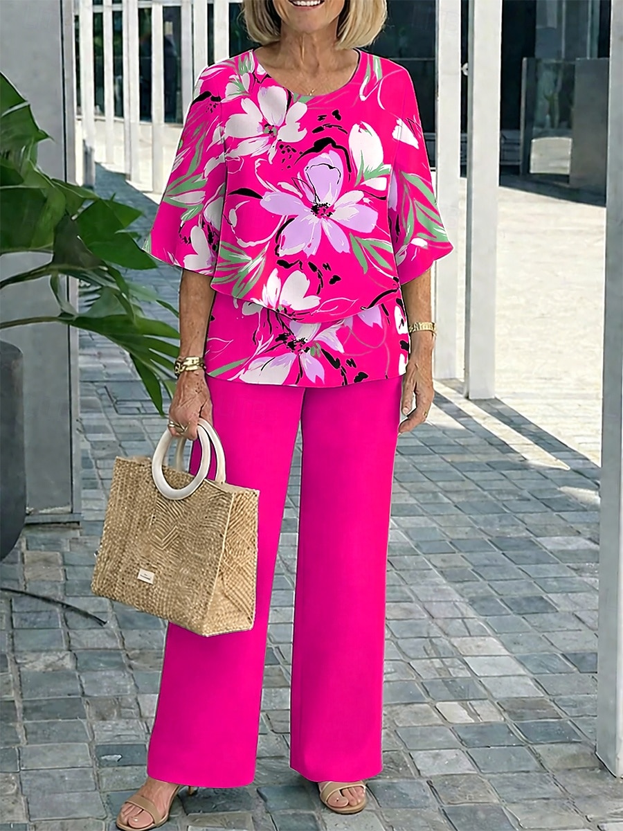 Per donna Set di Pantaloni Manica 3/4 Girocollo Floreale Grafico Elegante Vacanza Casuale Quotidiano Vacanza Blu Fucsia Arancione Estate Vestibilità comoda del 2026 a $48.99 –P3