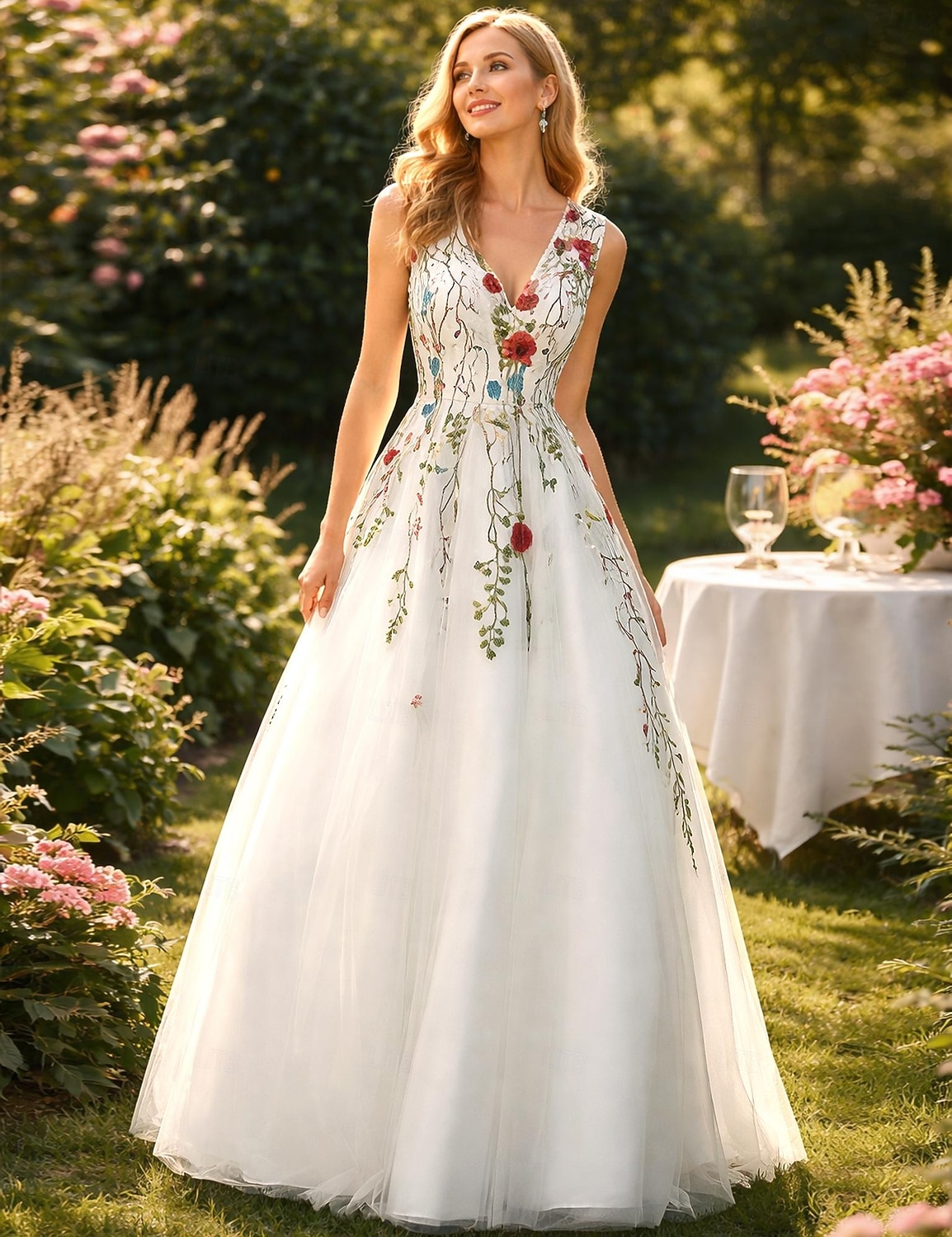 A-Line Floor Length Prom Dresses Floral White Sleeveless V Neck Valentine's Day Wedding Guest Lace Tulle with Embroidery Appliques 2026 - $109.99 –P1