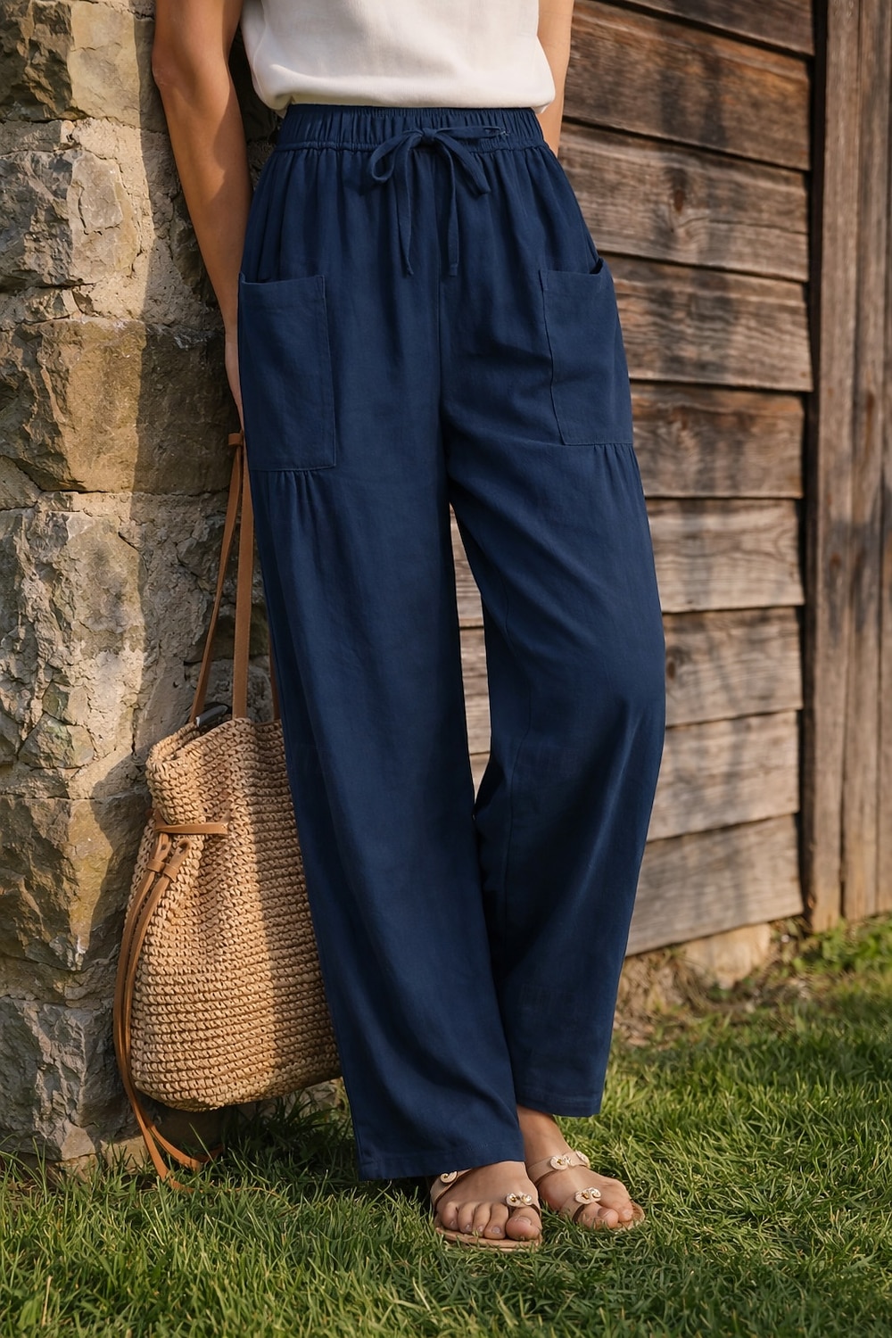 Жен. Широкие Льняные брюки Штаны Чино Отпуск Мода Классический Полная длина Нормальная Полотняное плетение Кулиска Плиссировка Карман Комфорт Легкость Дышащий Неэластичная 2026 - $19.99 –P13