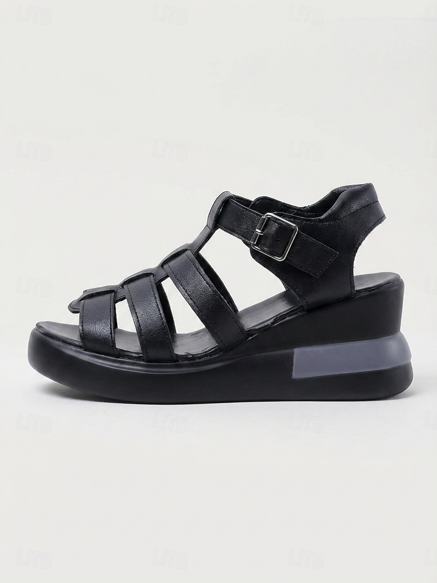 Schwarze Gladiator-Plateausandalen für Damen – verstellbarer Riemen im römischen Stil, leichte Keilsohle, bequemer Sommerschuh zum Spazierengehen und Reisen &Alltagskleidung 2026 - $26.99 –P3