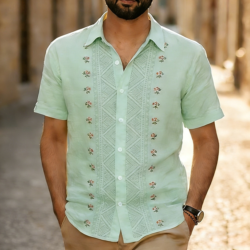 Voor heren Geometrisch Etnisch Bloemen Overhemd Guayabera-shirt Overhemd met knopen Korte mouw Vintage Retro Dagelijks Buiten Vakantie Zomer Lente Strijkijzer 3D-afdrukken Linnenachtig shirt blauw 2026 - $25.99 –P4