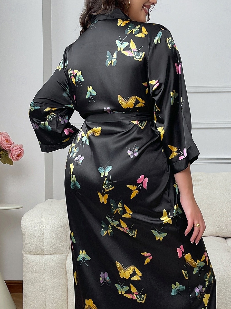 Women's Loungewear Robe Nightgown Fashion Casual Graphic Butterfly Satin Silky Pajamas Pyjamas Patchwork Dress Home Vacation Long Sleeve V Neck Black Summer Spring Regular Fit Loose Fit 2026 - $28.99 –P3