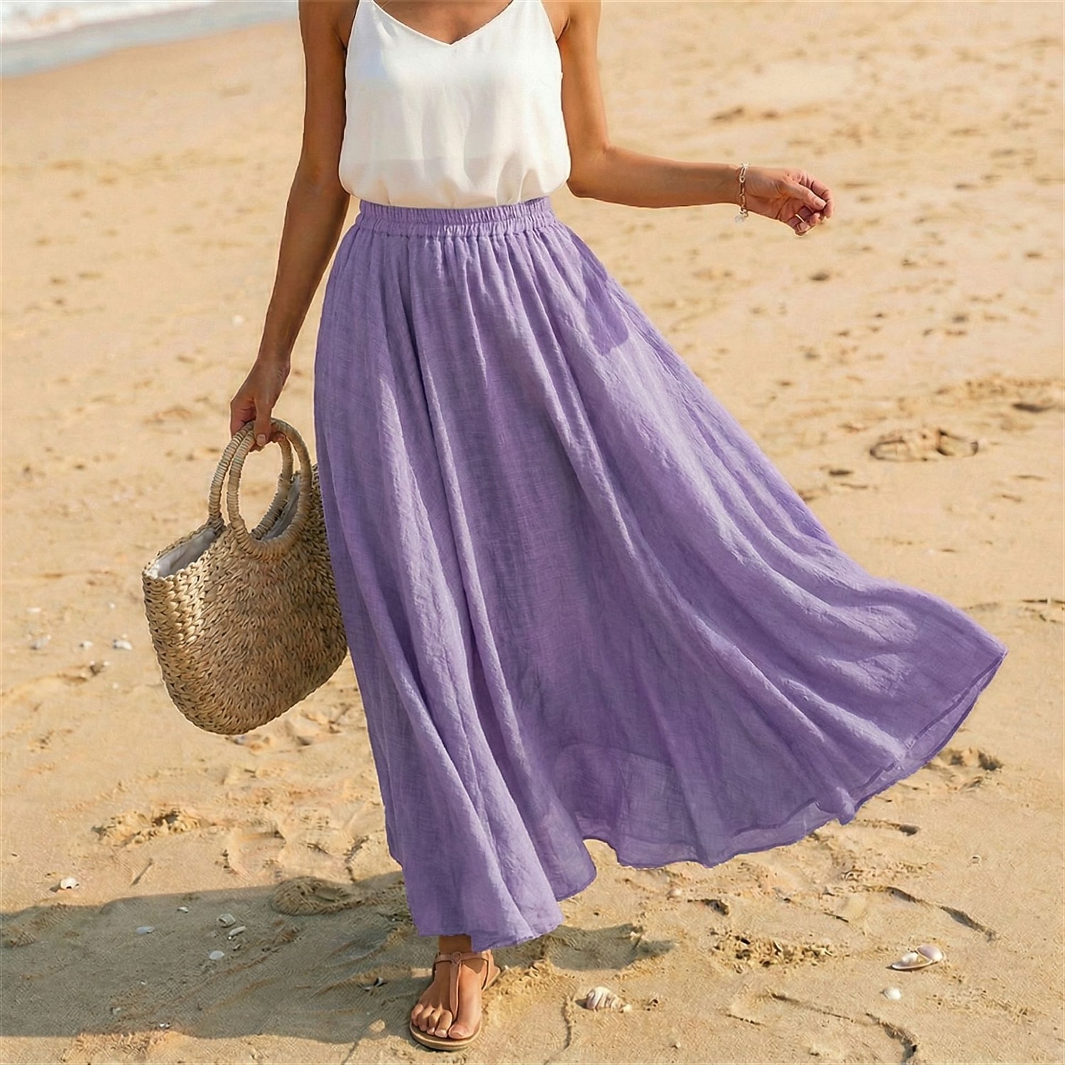 Women's Linen Blend Vacation Skirt Casual Maxi High Waist Skirts Holiday turmeric White Sky Blue Dark Green Summer 2026 - $27.99 –P9