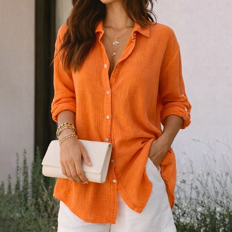 Women's Shirt Summer Shirt Casual Shirt Button Up Shirt Ruched Solid Color Plain Elegant Vacation Fashion Long Sleeve Turndown Long Tops Streetwear Beach Holiday Sage Green Pink Orange Rose Pink 2026 - $32.99 –P1