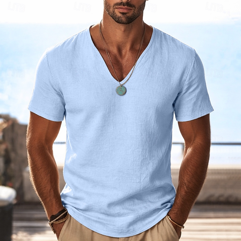 Hombre Camiseta Camisa manga corta Camiseta superior Camiseta de lino Manga Corta Escote en Pico Escote Primavera verano Verano Primavera Color sólido Plano Ropa de calle Elegante Ocio Clásico Puro 2026 - $21.99 –P2