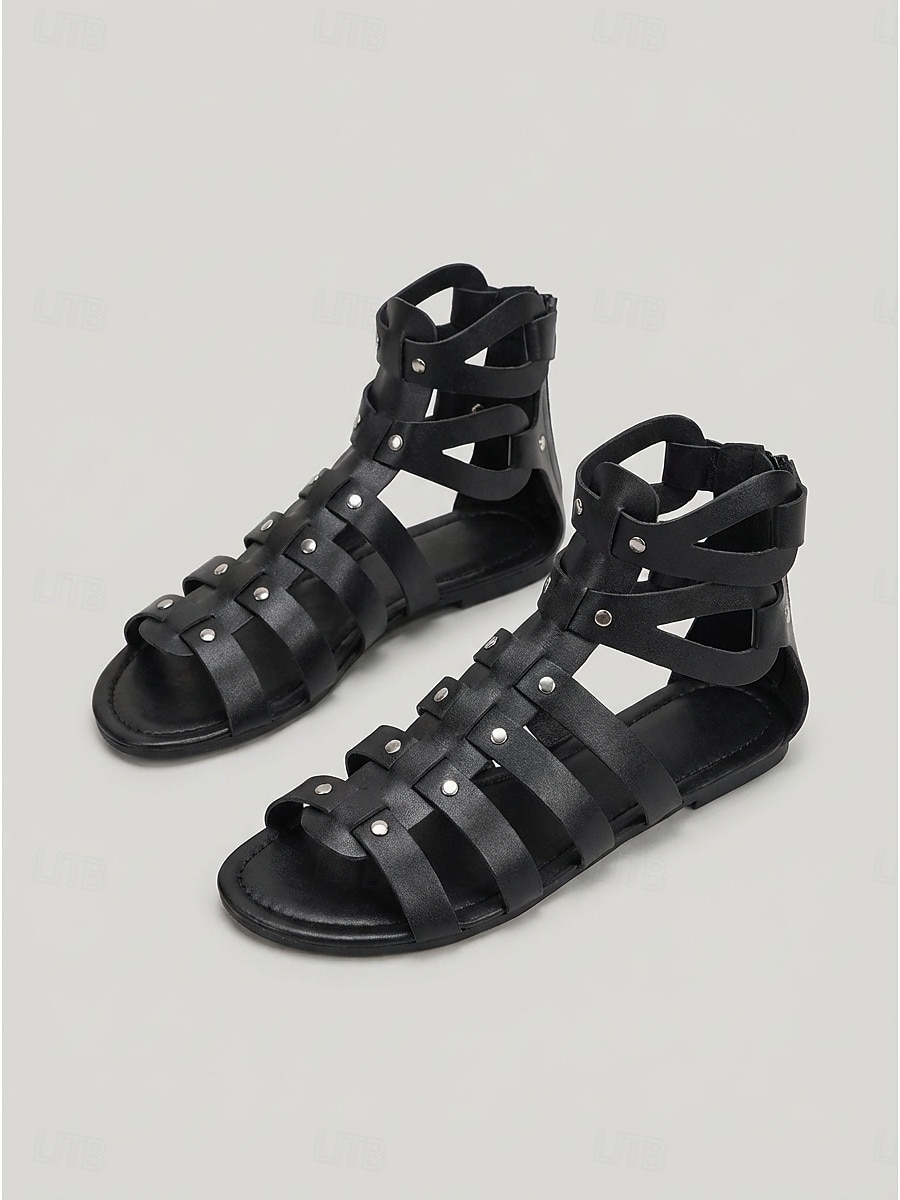Sandales gladiateur noires cloutées pour femmes - sandales plates à brides tendance avec rivets argentés, idéales pour les festivals de musique d'été et les concerts rock. &style bohème de rue de 2026 ? $32.99 –P1