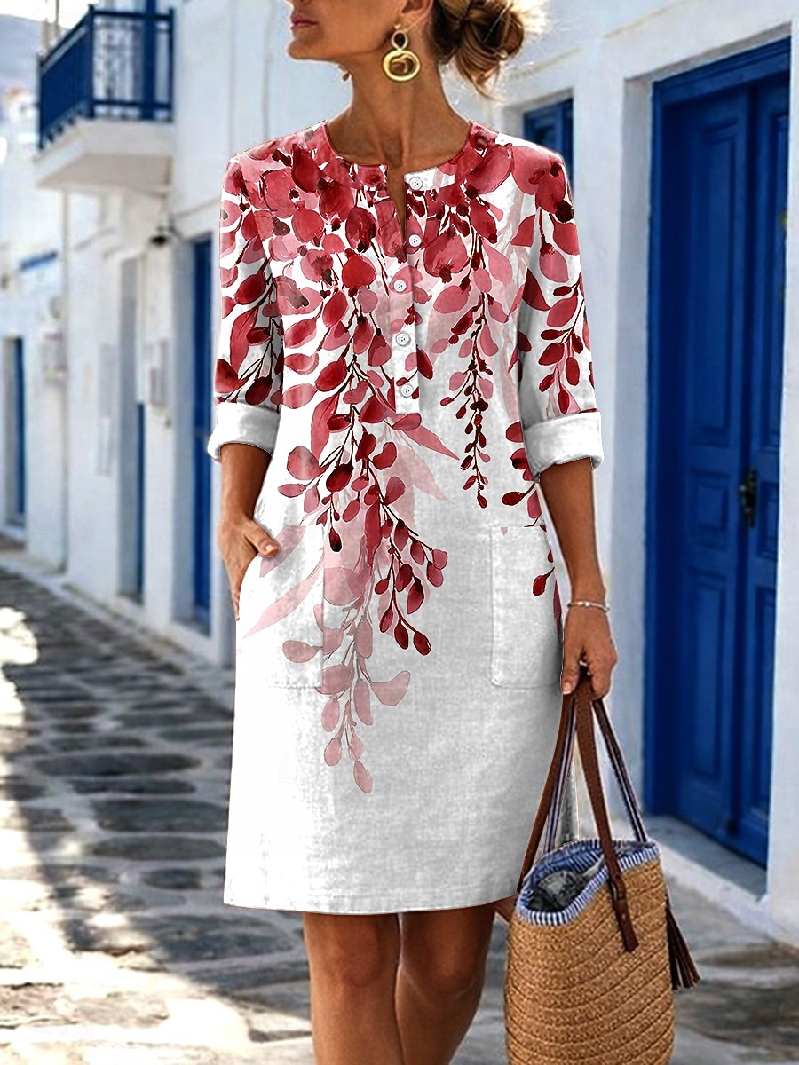 Dames Knielengte jurk Casual jurk Vintage Casual Feestdagen Normale pasvorm Bloemig Grafisch Lange mouw Strakke ronde hals blauw Rood Paars Groen Zomer Lente 2026 - $36.99 –P3