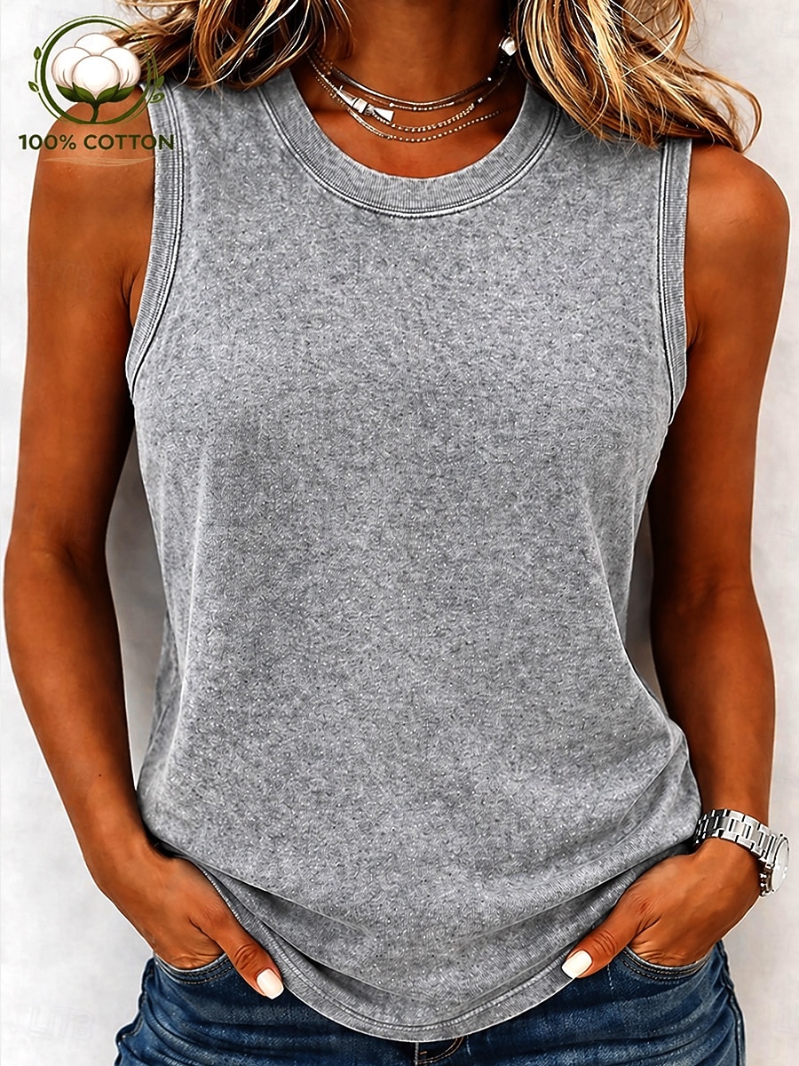 Dame 100% قطن Henly-skjorte Vasket Syrevask Vintage vask Årgang Mote Stilfull Ermeløs Kortermet Raglan Ermer Crew-hals Henley Vanlige topper Avslappet Strand Blå Rosa Lilla Oransje Grønn Sommer Vår 2026 - $21.99 –P12