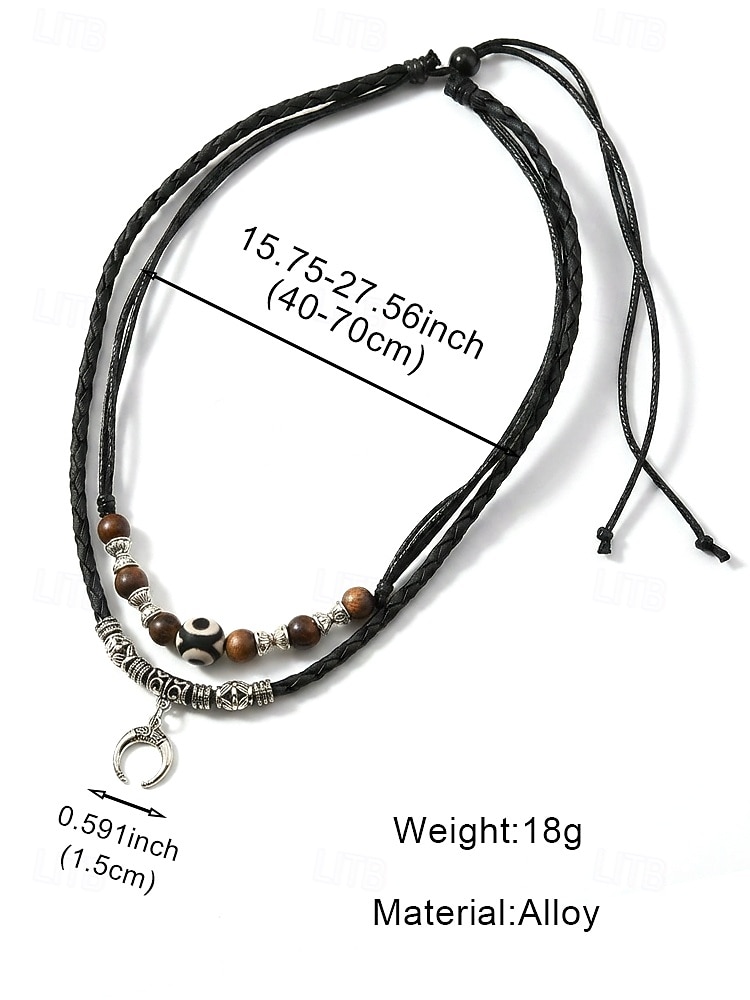 Men's Bohemian Style Double-Layer Necklace, Alloy & Leather Cord Mixed Material, Crescent Moon Pendant, Adjustable, Perfect for Beach Vacation, Daily Casual Wear 2026 - $9.99 –P9