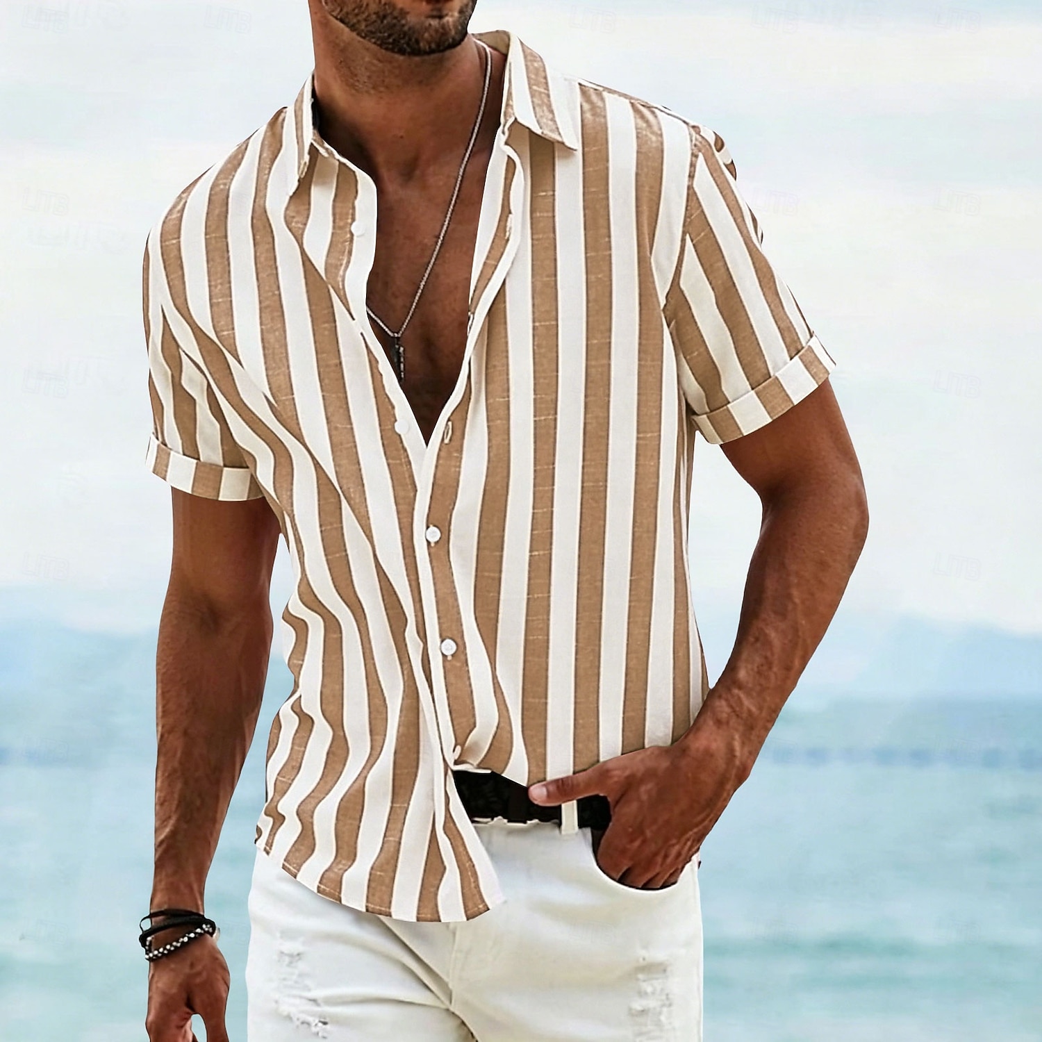 Per uomo Camicia Camicia di lino Camicia Estiva Camicia da Spiaggia Camicia con Bottoni Camicie a righe Strisce verticali Abbigliamento casual alla moda Vacanza Blu Giallo Rosa Rosso Manica Corta del 2026 a $27.99 –P8