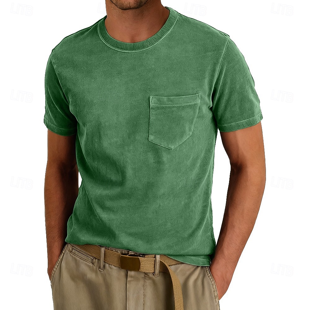 Per uomo Maglietta Camicia 100% cotone lavaggio acido Manica Corta Girocollo Estate Primavera Tutte le stagioni Tinta unica Elegante Vintage Neutro Tasca Girocollo Sbiadito Casuale Casa All'aperto del 2026 a $20.99 –P14