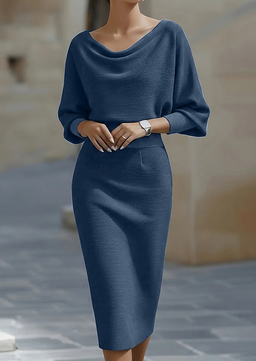 Femmes Robe Midi Robe moulante Robes semi-formelles Bureau Coupe régulière Uni Manche 3/4 Col Bateau Bleu Noir Blanche Rouge Été Printemps Automne de 2026 ? $39.99 –P7
