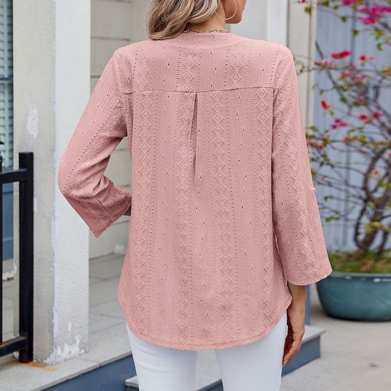 Women's Texture Blouse Eyelet Top Pointelle Tee T Shirt Eyelet Striped Fashion Classic Casual Long Sleeve V Neck Regular Tops Casual Daily Beach Black White Navy Blue Sky Blue Orange Summer Spring 2026 - $28.99 –P18