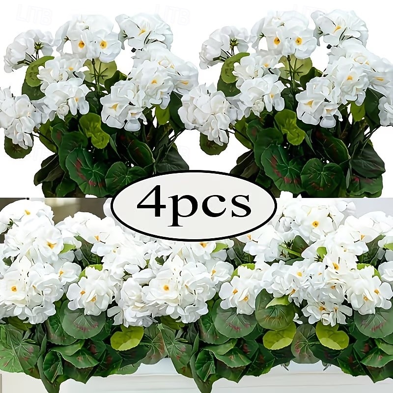 Flori artificiale de geranium alb rezistent la UV cu 4 ramuri, 4 geraniumuri înflorite, potrivite pentru decorațiuni interioare și exterioare, grădini, nunți, Ziua Recunoștinței, Crăciun și sezonul 2026 - $18.99 –P3
