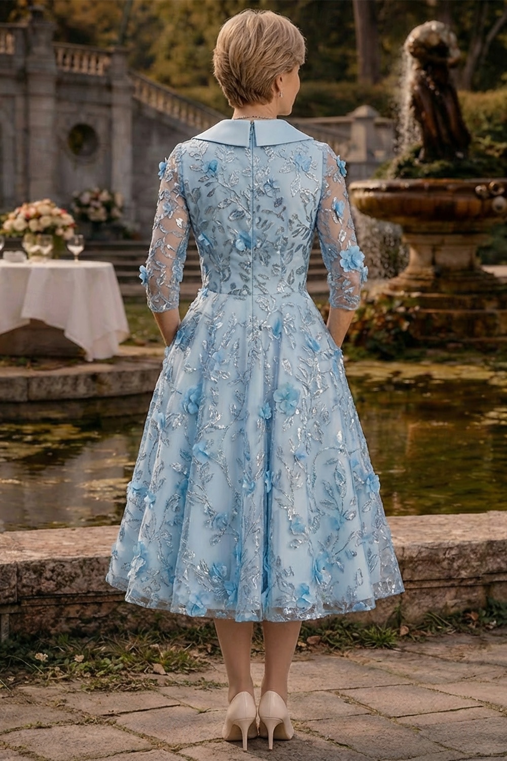 Linea ad A Lunghezza Tè Abito da cerimonia per signora Manica 3/4 Scollo a V Bavero Elegante Vintage Formale Ospite di nozze Raso Pizzo con Fiori 3D Arricciato Ricamo del 2026 a $194.99 –P3