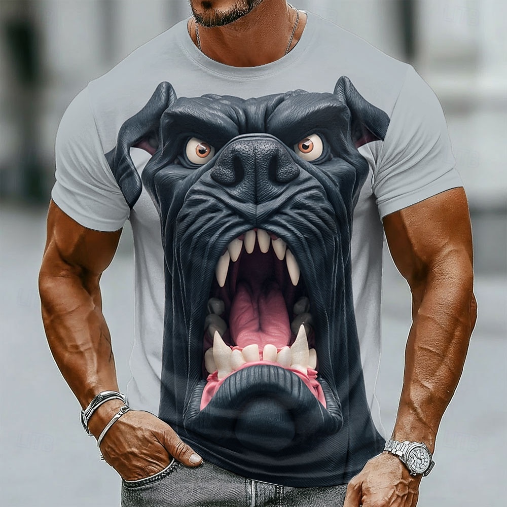 Maglietta da uomo con stampa realistica di bulldog nero ruggente e denti aguzzi, girocollo, maniche corte, grigia, casual, ideale per la palestra o l'allenamento, regalo per gli amanti dei cani, del 2026 a $18.99 –P1