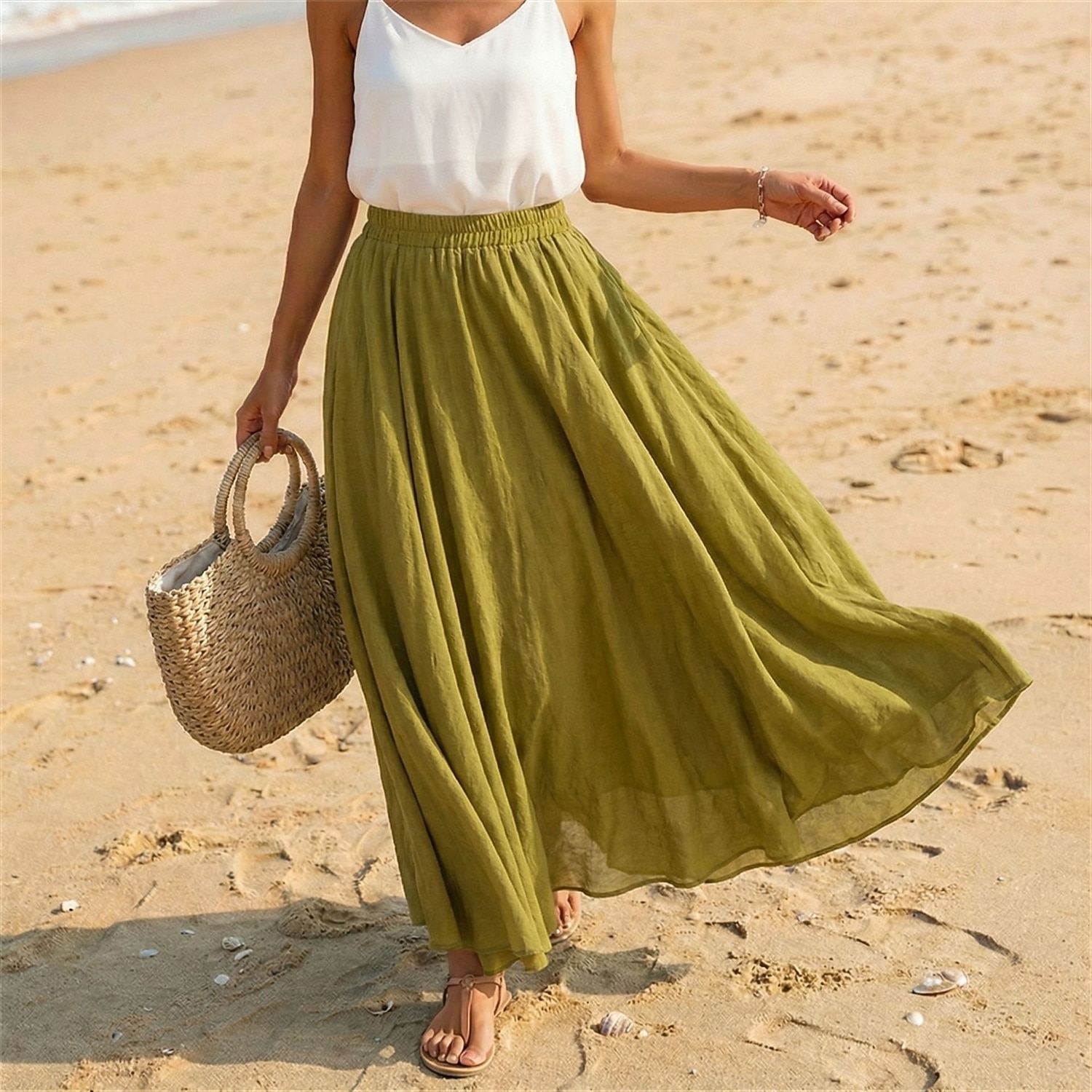 Women's Linen Blend Vacation Skirt Casual Maxi High Waist Skirts Holiday turmeric White Sky Blue Dark Green Summer 2026 - $27.99 –P20