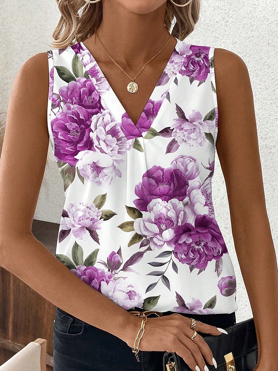 Femmes Débardeur Fleuri Graphique Plantes Élégant ancien Classique Sans manches Col en V Hauts Réguliers Quotidien Rouge Violet Kaki Été Printemps de 2026 ? $22.99 –P6