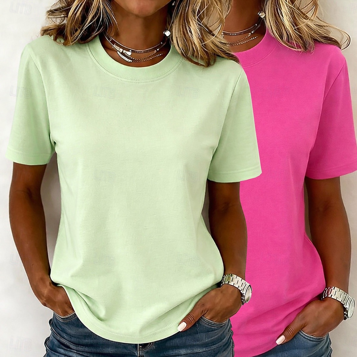 Kvinners 100% bomull T-skjorte basic klassisk moderne kortermet rund hals vanlige topper casual daglig utgang svart/rød hvit+rosa hvit/svart grønn/blå hvit+orange sommer vår 2026 - $10.49 –P14