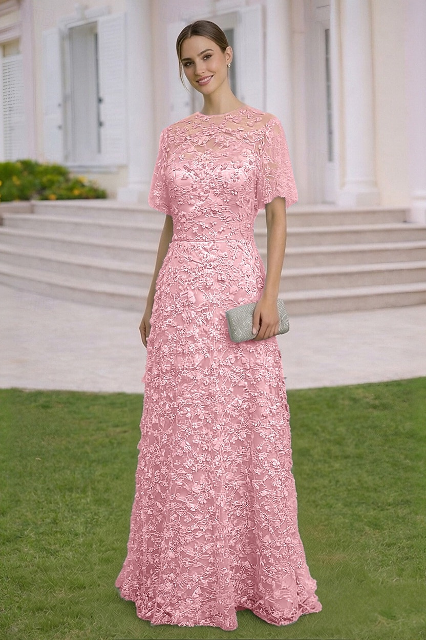 A-Line Dress Floor Length Wedding Guest Dress Formal Dresses Evening Gown Mother of the Bride Dress Short Sleeve Crew Neck Elegant Simple Embellished Formal Lace with 3D Flowers 2026 - $194.99 –P7