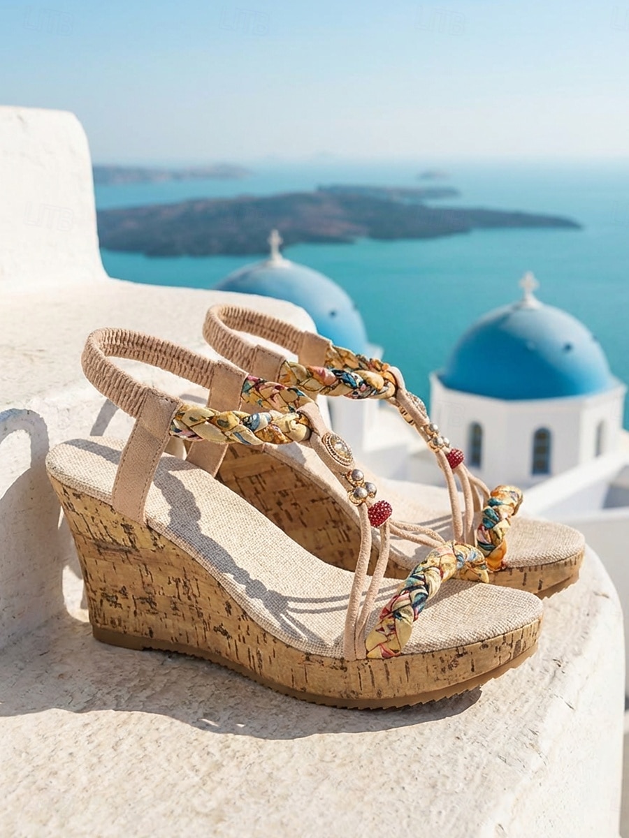 Aprikosenfarbene, bohemische Keilsandalen für Damen – elegante, perlenbesetzte Espadrilles mit T-Riemen und farbenfrohen Flechtdetails für Inselurlaube und Strandhochzeiten &Sommer-Resortbekleidung 2026 - $32.99 –P1