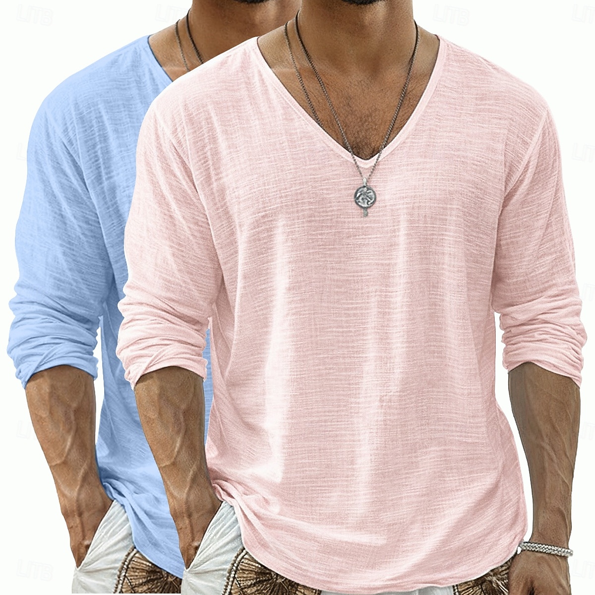 2 st herrtröja i linne med lång ärm, v-ringning, sommar, vår, vår &sommar enfärgad enfärgad daglig avslappnad gatustil 2-delad enfärgad flerpack avslappnad utomhus gatustil rosa lila rosa grön topp 2026 - $34.99 –P8