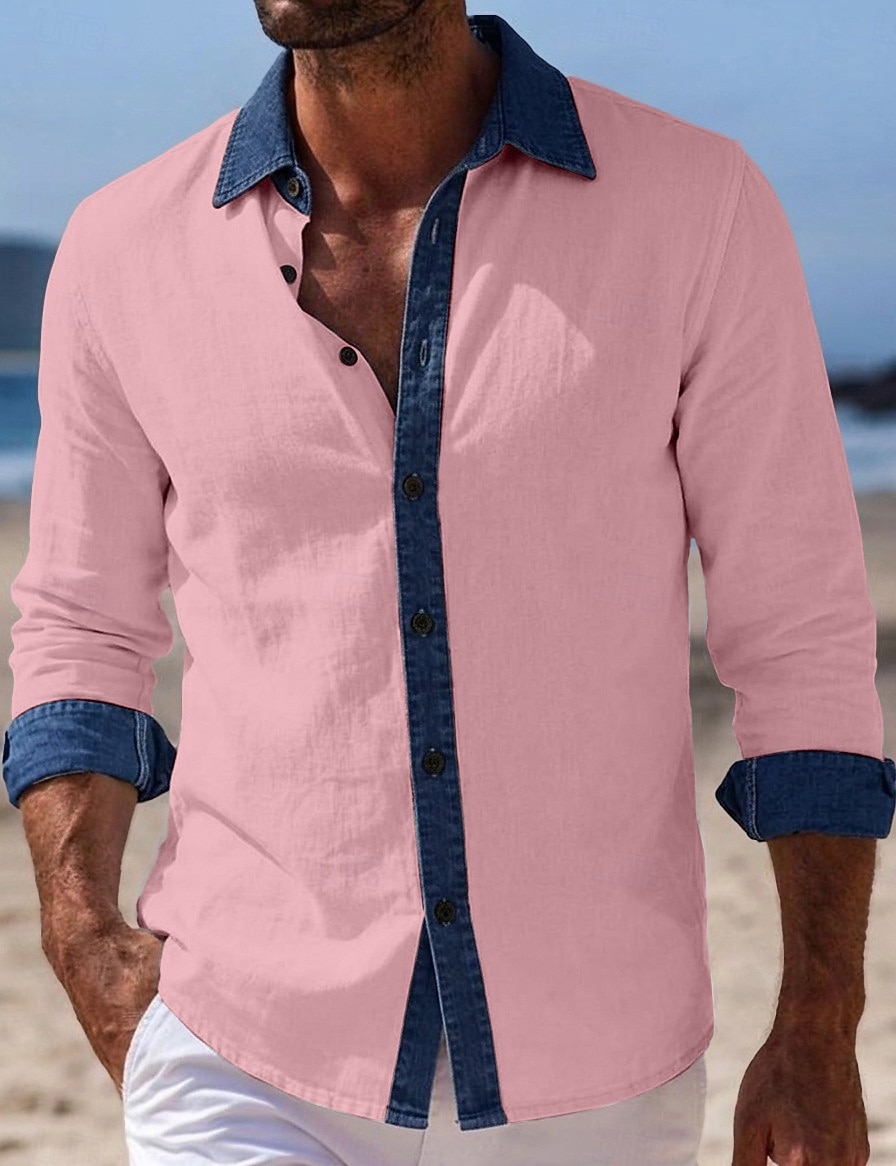 Men's Shirt Linen Shirt Summer Shirt Beach Wear Beach Shirt Button Up Shirt Color Block Vacation Holiday Blue Black White Pink Long Sleeve Turndown Summer Spring Clothing Apparel Patchwork 2026 - $26.99 –P7