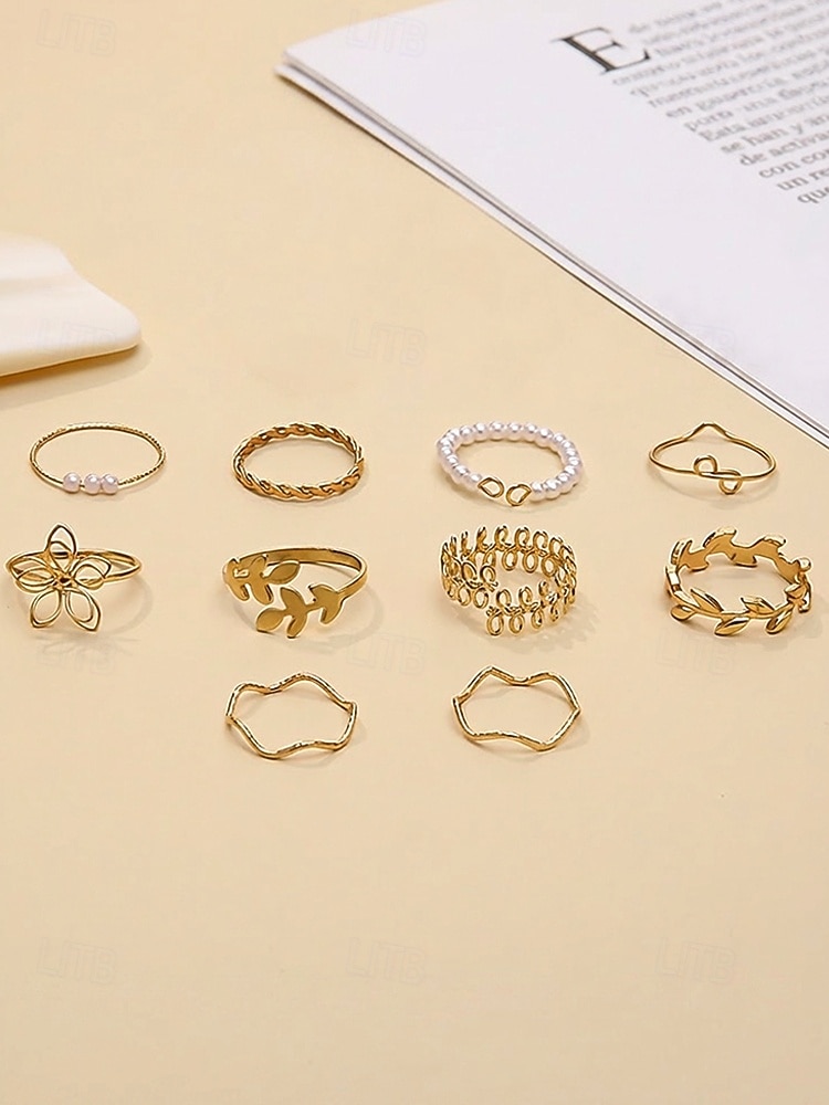 Justerbart bohemiskt ringset med 10 delar för kvinnor, stapelbara fingerringar i guld- och silverfärgad legering för strandsemester, festivalstil och vardagskläder 2026 - $9.99 –P6
