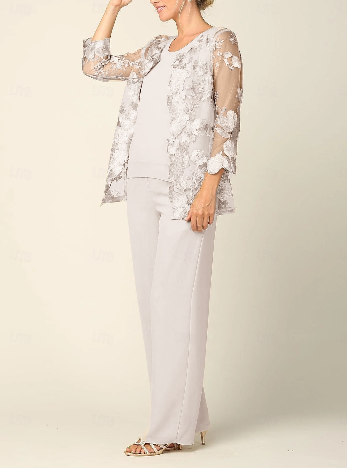 Jumpsuit Pantsuit 3 Piece Floor Length Mother of the Bride Dress Long Sleeve Crew Neck Elegant Formal Wedding Guest Chiffon Wrap Included with Lace Embroidery 2026 - $195.99 –P9