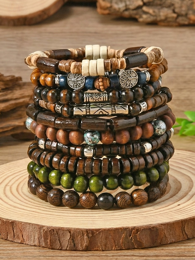 Σετ ανδρικών βραχιολιών με ξύλινες χάντρες μποέμ, 10 ελαστικά βραχιόλια με χάντρες που στοιβάζονται για διακοπές στην παραλία, καθημερινή casual ένδυση, ταξίδια και φεστιβάλ 2026 - $11.99 –P3