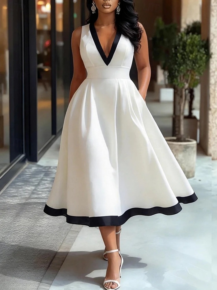 Naisten Midimekko A linjainen mekko Tyylikäs Juhla cocktail ulko- Juhla Häät Tilkkutäkki Tasku Normaali Yhtenäinen väri Hihaton V kaula-aukko Valkoinen 2026 - $51.99 –P1