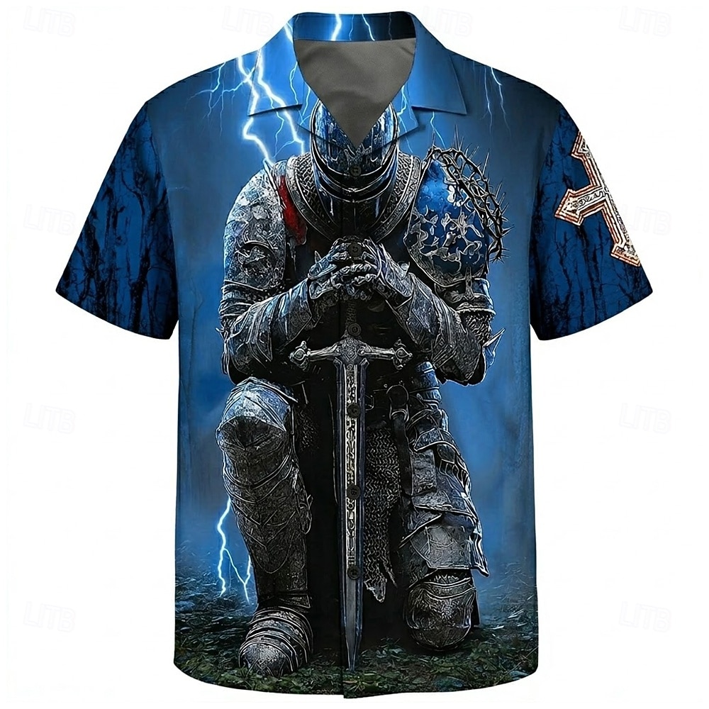 Per uomo Cavalieri Templari Crociati Croce Camicia Camicia con Bottoni Camicia con collo camp Manica Corta Vintage Retrò Abbigliamento casual alla moda Vacanza Estate Primavera Colletto cubano Stampa del 2026 a $25.99 –P4