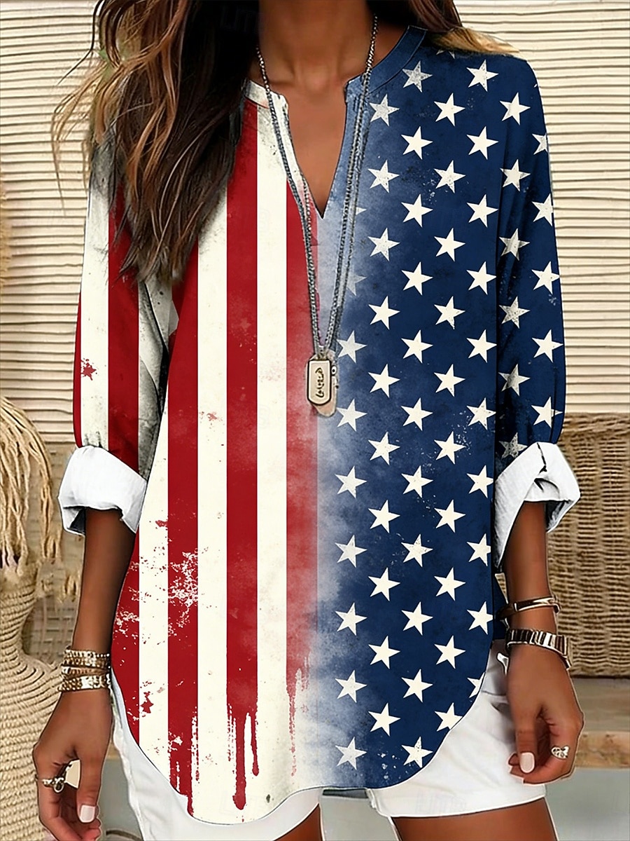 Amerikaanse onafhankelijkheidsdag Dames Blouse Afdrukken Vlag Vintage Stijlvol Casual Lange mouw V-hals Normale tops Casual Dagelijks blauw Rood Zomer Lente 2026 - $31.99 –P2