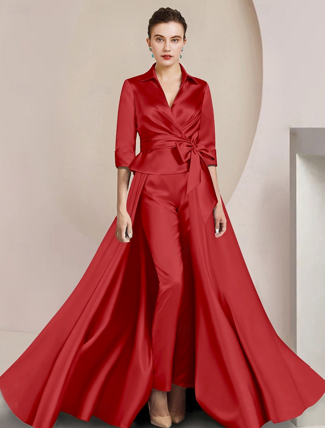 Dvoudílné Kalhoty Po kotníky Šaty pro matku nevěsty Poloviční rukáv Košilový límec Elegantní Formální Svatební host Satén s Mašle 2026 - $175.99 –P10