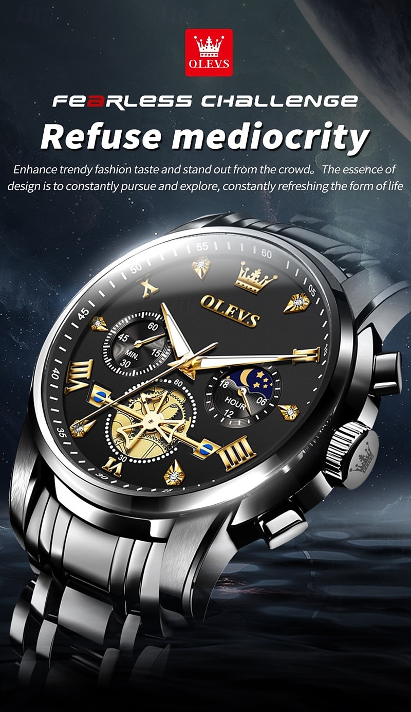 Olevs heren automatisch horloge luxe skeleton mechanisch polshorloge met maanfase waterdicht lichtgevend tweekleurig roestvrijstalen zakelijk modehorloge voor heren 2026 - $45.99 –P15