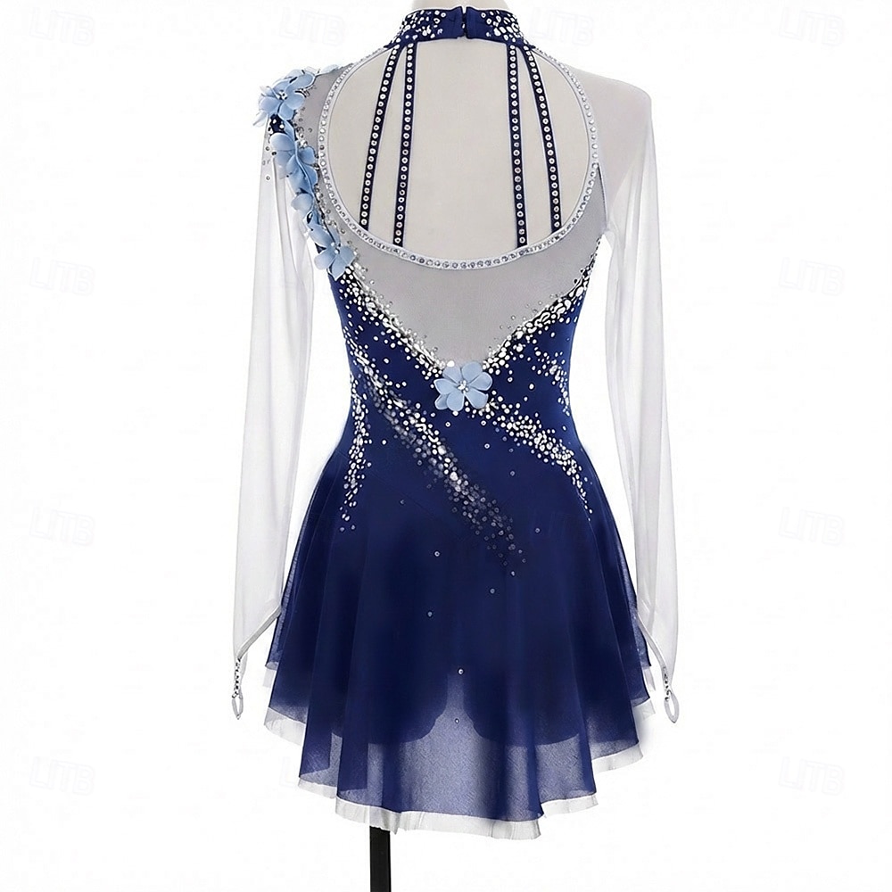 Robe de patinage artistique Femmes Patinage Robe Bleu Marine Patchwork Trou de pouce Élastique Entraînement Compétition Tenue de Patinage Classique cristal pailleté manche longue Patinage sur glace de 2026 ? $192.99 –P2